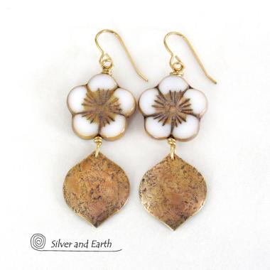 White and Gold Glass Flower Earrings with Gold Brass Dangles - Unique Nature Jewelry Gifts for Women