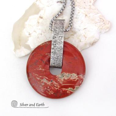 White Lace Red Jasper Sterling Silver Pendant Necklace - One of a Kind Natural Stone Jewelry