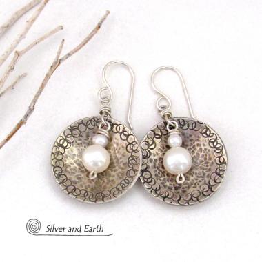 Small Sterling Silver Earrings with Dangling White Pearls - Modern Silver Jewelry