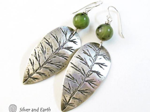 Sterling Silver Leaf Earrings with Green Jade Stones - Earthy Nature Jewelry