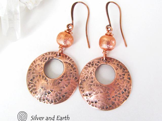 Copper Hoop Earrings with Brushed Satin Beads - Classic Modern Jewelry