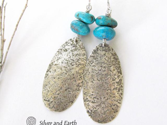 Big Long Sterling Silver & Turquoise Earrings - Artisan Sterling Silver Jewelry