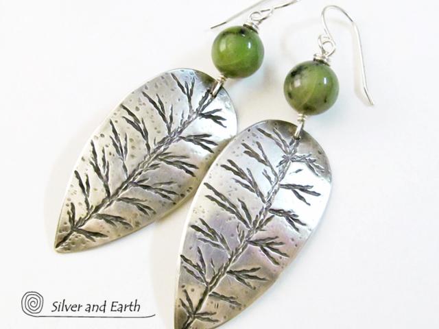 Sterling Silver Leaf Earrings with Green Jade Stones - Earthy Nature Jewelry