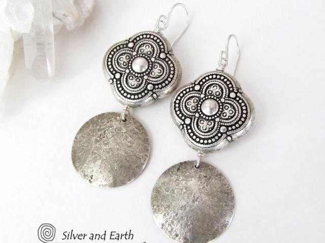 Sterling Silver Dangle Earrings with Moroccan Style Beads - Ornate Exotic Silver Jewelry