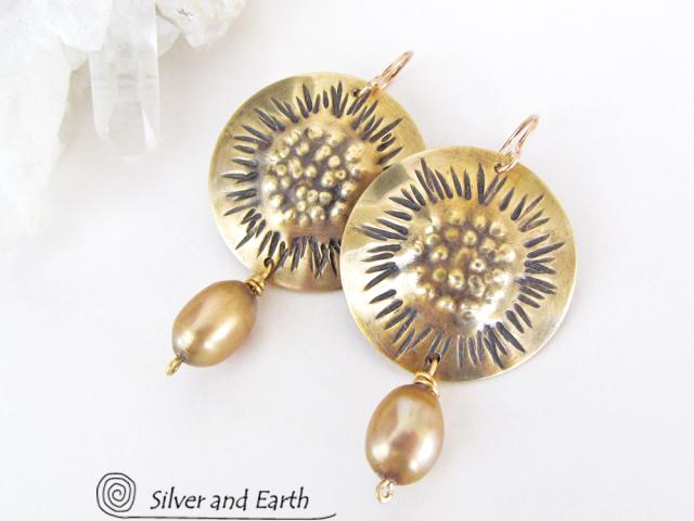 Gold Brass Earrings with Sculptural Texture & Gold Pearls - Unique Jewelry