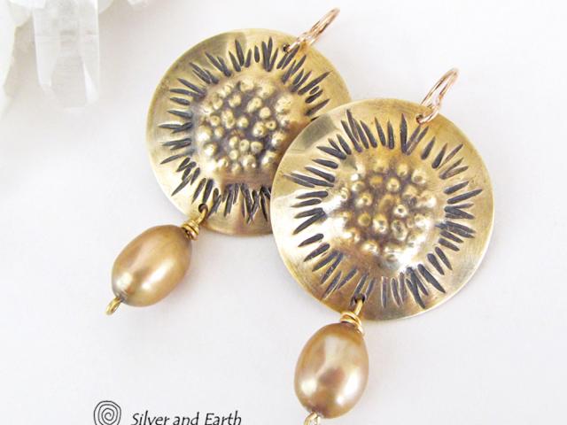 Gold Brass Earrings with Sculptural Texture & Gold Pearls - Unique Jewelry
