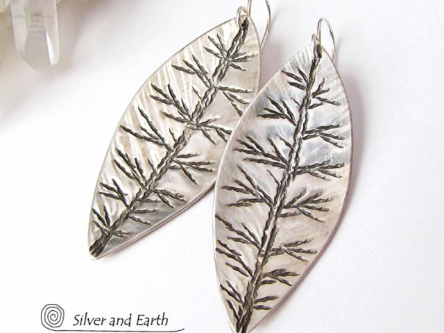 Sterling Silver Leaf Earrings - Modern Contemporary Nature Jewelry