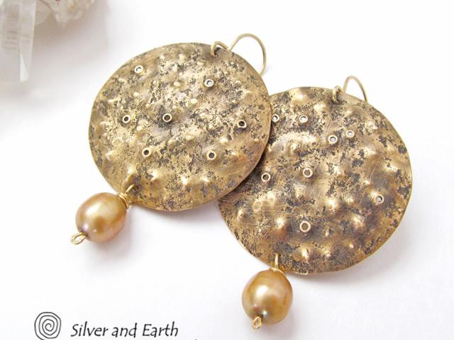 Large Gold Brass Earrings with Pearl Dangles - Earthy Organic Modern Jewelry