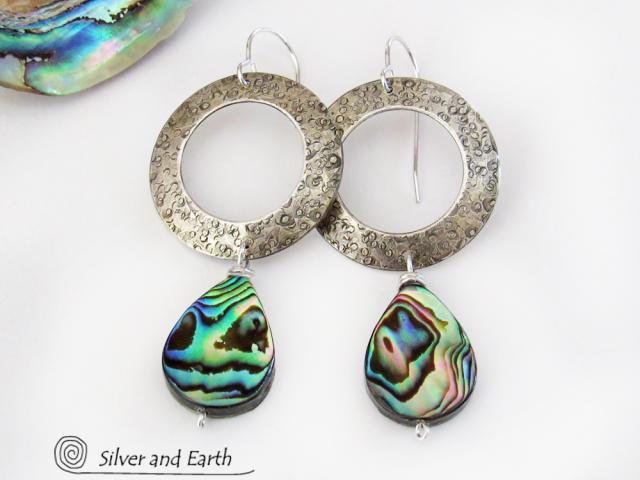 Sterling Silver Hoop Earrings with Dangling Abalone Shells - Paua Shell Jewelry