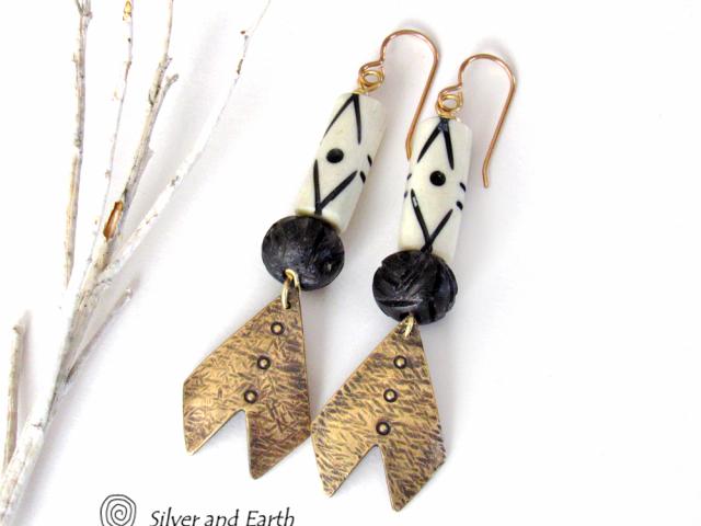 Brass Chevron Earrings with African Carved Bone - Boho African Tribal Jewelry