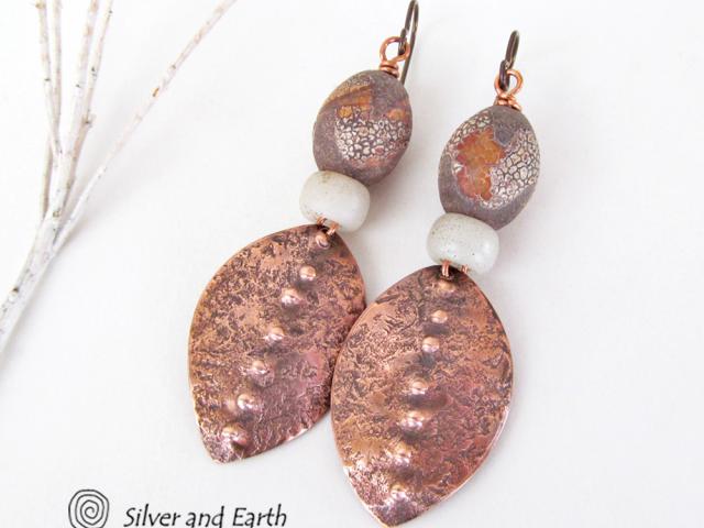 Copper Tribal Earrings with Etched African Agate Stones - Bold Exotic Jewelry