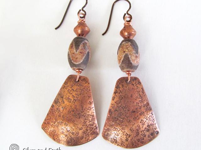 Copper Tribal Earrings with Etched African Agate Stones - Unique Boho Jewelry