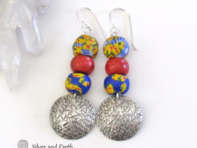 African Glass Bead Sterling Silver Earrings with Coral - Colorful Boho Jewelry