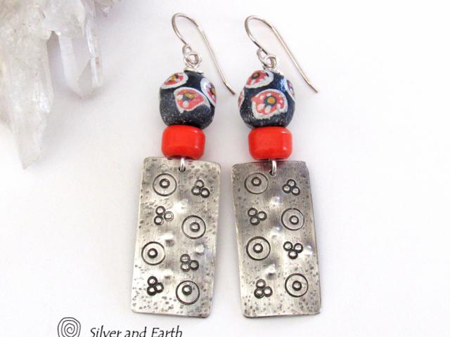 Sterling Silver Earrings with Colorful Hand Painted African Trade Beads