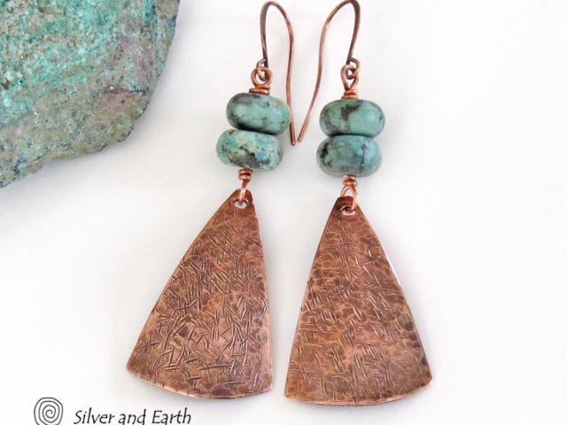 Textured Copper Dangle Earrings with African Turquoise - Boho Chic Jewelry