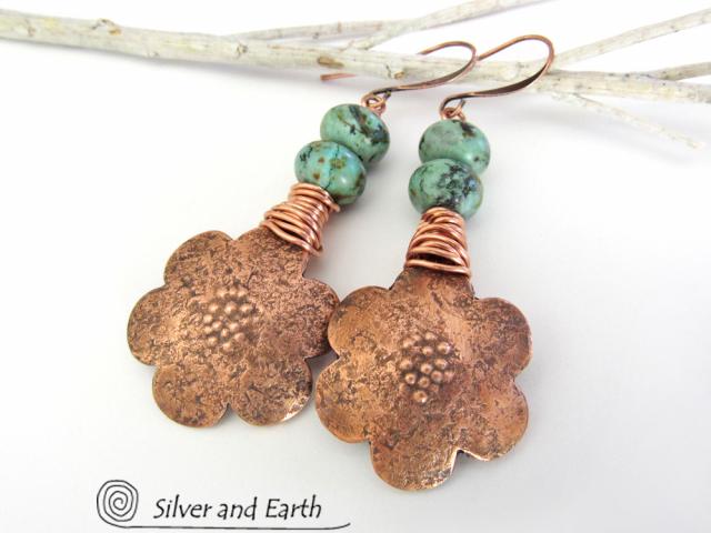 Copper Flower Earrings with African Turquoise Stones - Nature Jewelry