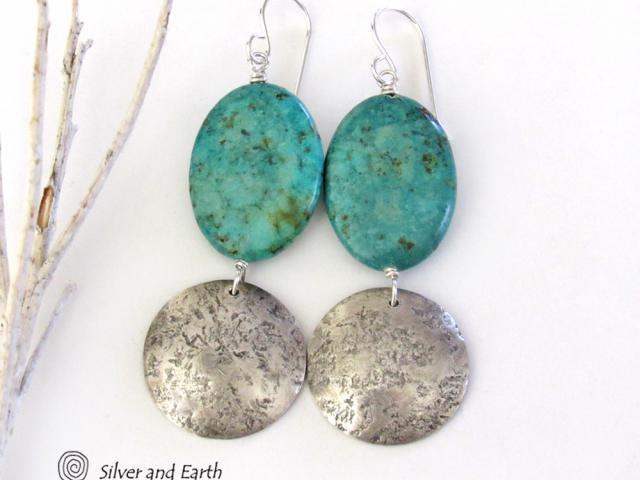Sterling Silver Earrings with African Turquoise Stones - Organic Earthy Jewelry