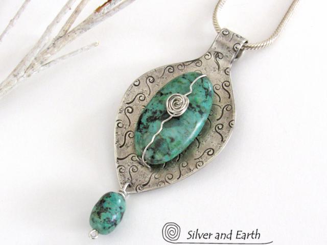 Sterling Silver Necklace with African Turquoise - Unique Silver & Stone Jewelry