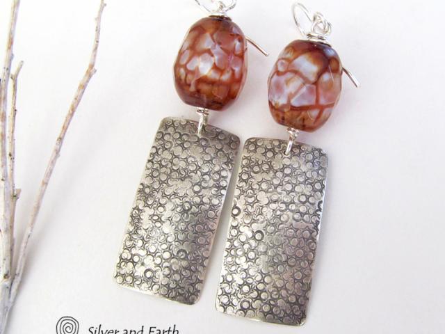 Textured Sterling Silver Earrings with Faceted Black & White Agate Gemstones
