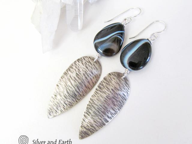 Long Sterling Silver Dangle Earrings with Black Banded Agate Gemstones