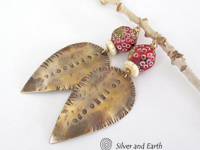 Big Brass Tribal Spear Earrings with African Beads - Bold Exotic Jewelry