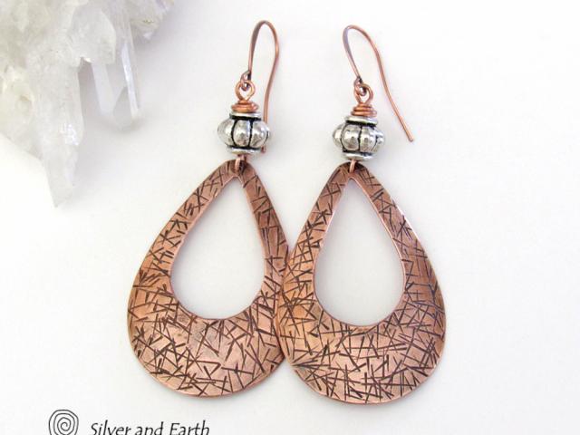 Big Bold Copper Teardrop Hoop Earrings with Silver Beads