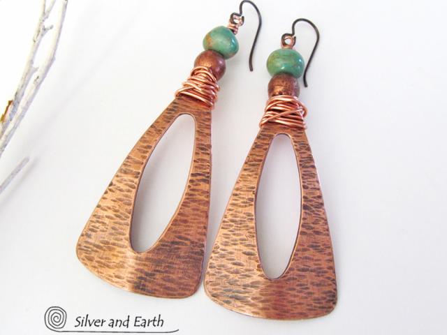 Turquoise & Copper Long Dangle Earrings - Bold Exotic Jewelry