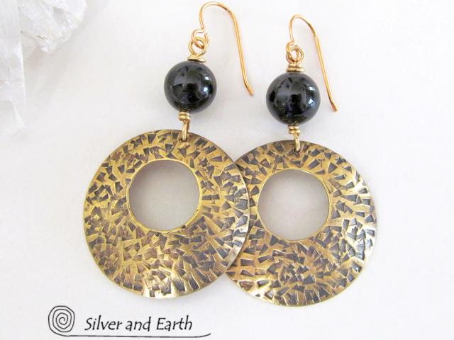 Gold Brass Hoop Earrings with Black Onyx Gemstones - Modern Trendy Jewelry