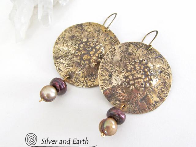 Big Round Gold Brass Earrings with Pearls - Organic Earthy Statement Jewelry