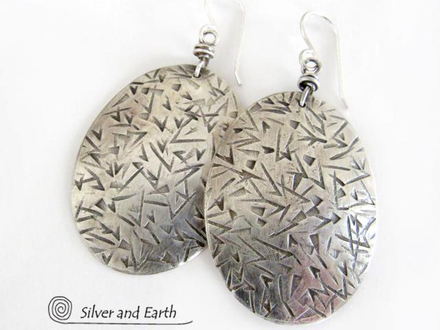 Big Sterling Silver Dangle Earrings with Stamped Texture - Modern Silver Jewelry