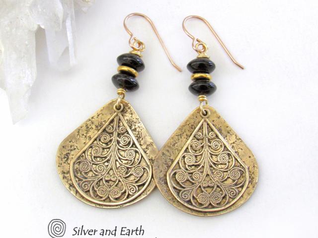 Gold Brass Filigree Earrings with Black Onyx Gemstones - Boho Chic Jewelry