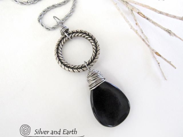 Textured Silver Pewter Circle Necklace with Black Onyx Gemstone