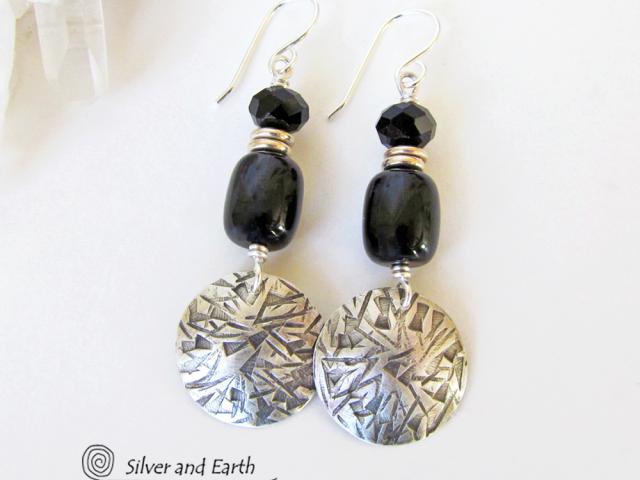 Sterling Silver Earrings with Black Onyx & Crystal Beads - Modern Chic Jewelry