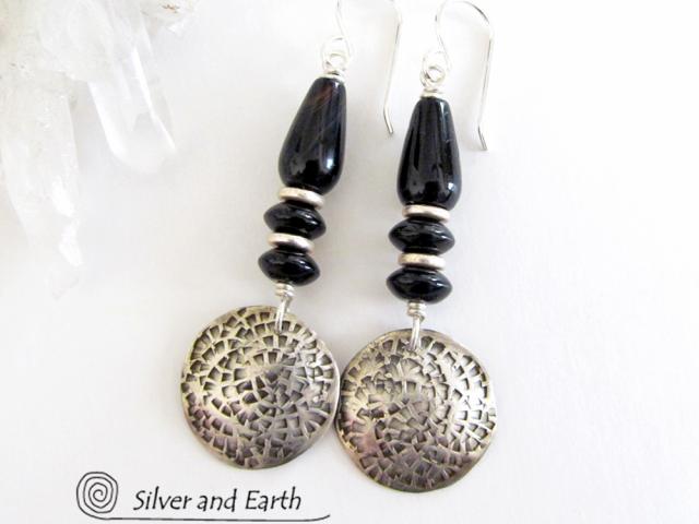 Black Onyx Sterling Silver Dangle Earrings - Modern Stylish Silver Jewelry