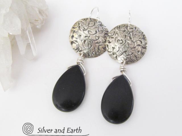 Sterling Silver Earrings with Black Onyx Gemstones - Handcrafted Silver Jewelry