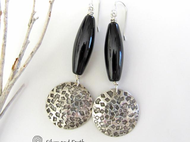 Black Onyx Sterling Silver Dangle Earrings - Chic Modern Silver Jewelry