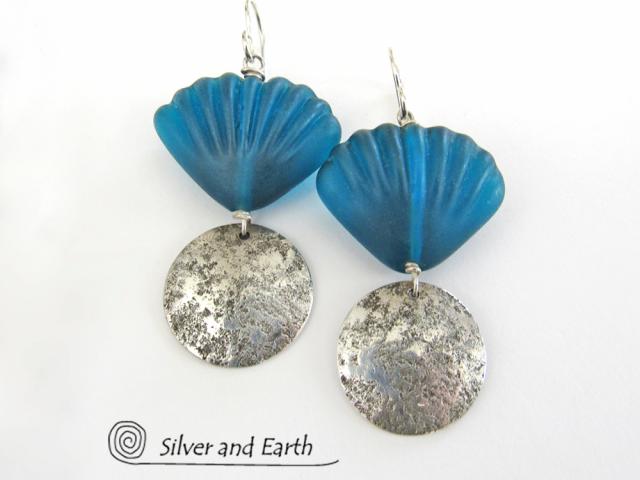 Sterling Silver Earrings with Blue Shell Shaped Glass Beads - Resort Jewelry
