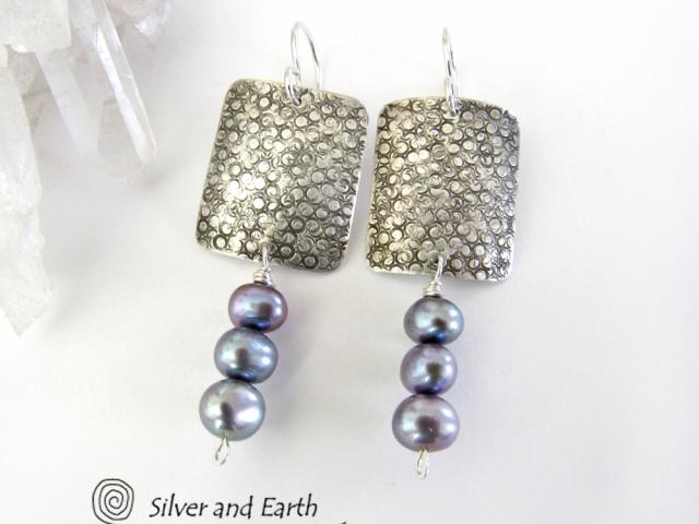 Sterling Silver Earrings with Dangling Blue Pearls - Modern Elegant Jewelry