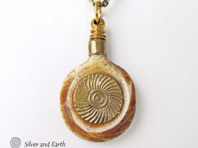 African Carved Bone Necklace on Antiqued Brass Chain - Boho Tribal Jewelry
