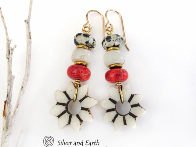 Flower Earrings with Carved African Bone, Red Coral and Dalmatian Jasper Stones