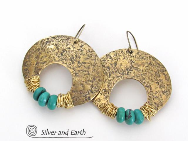 Gold Brass Crescent Moon Earrings with Turquoise - Bold Exotic Statement Jewelry