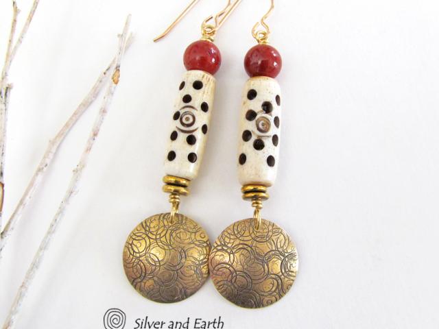 Gold Brass Earrings with Carved Bone & Red Jasper Stones - Boho Chic Jewelry