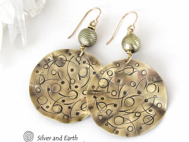 Gold Brass Earrings with Planetary Celestial Orbit Hand Stamped Texture