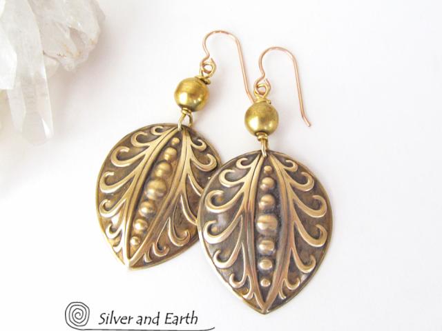 Gold Brass Earrings with Embossed Texture - Handcrafted Metal Jewelry