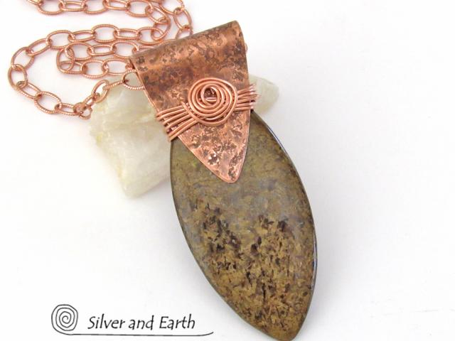 Copper Necklace with Brown Bronzite Stone - Earthy Natural Rustic Jewelry