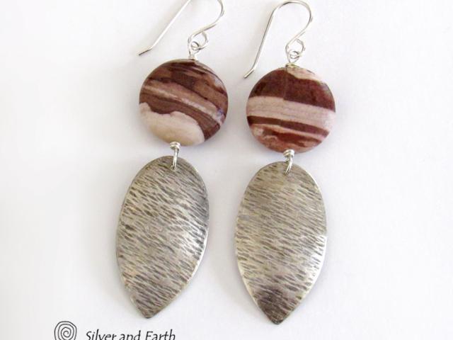 Textured Sterling Silver Earrings with Brown Zebra Jasper Stones