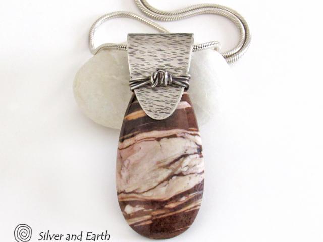 Brown Zebra Jasper Sterling Silver Necklace - Unique Silver & Stone Jewelry