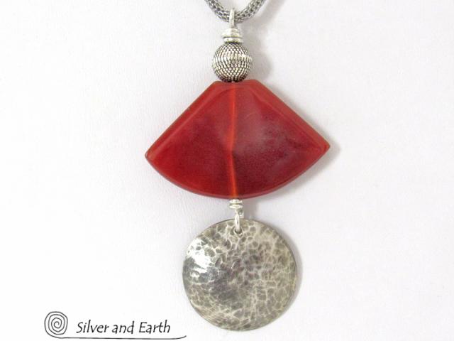 Hammered Sterling Silver & Carnelian Necklace - Unique Natural Stone Jewelry