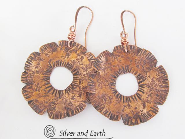 Big Bold Copper Earrings with Hammered Texture - Edgy Modern Metal Jewelry