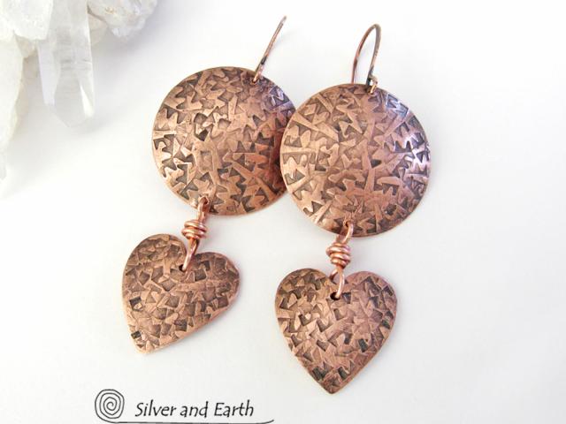 Copper Heart Dangle Earrings - Romantic Gifts for Women